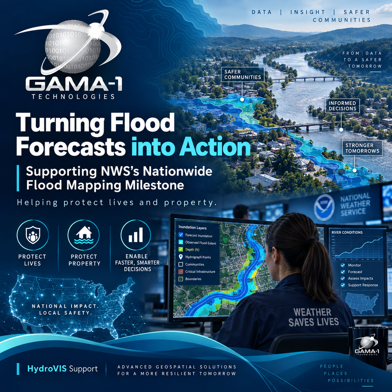 Lady behind a computer looking at flood maps