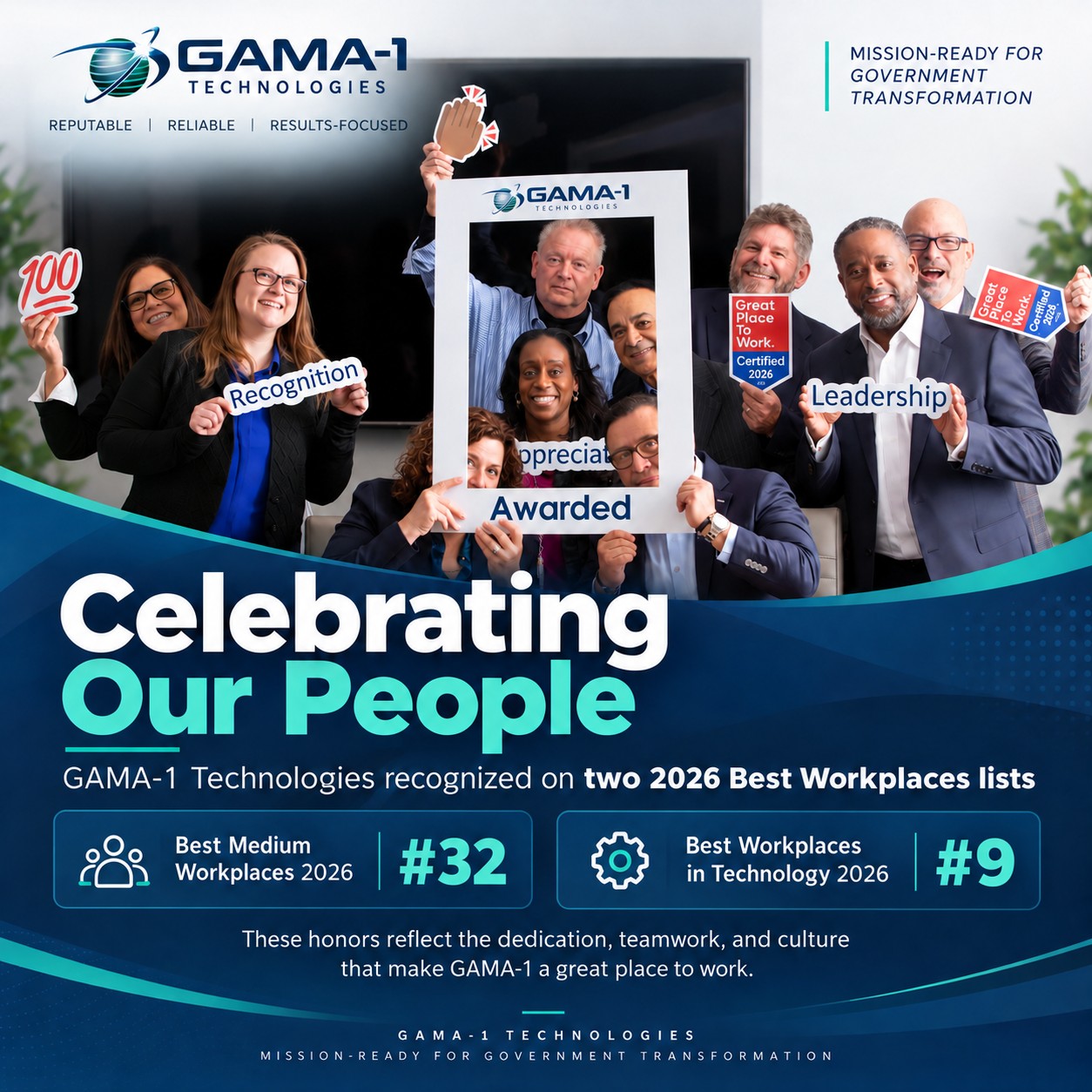 GAMA-1 staff celebrating recognition on two Fortune Best Workplaces Lists